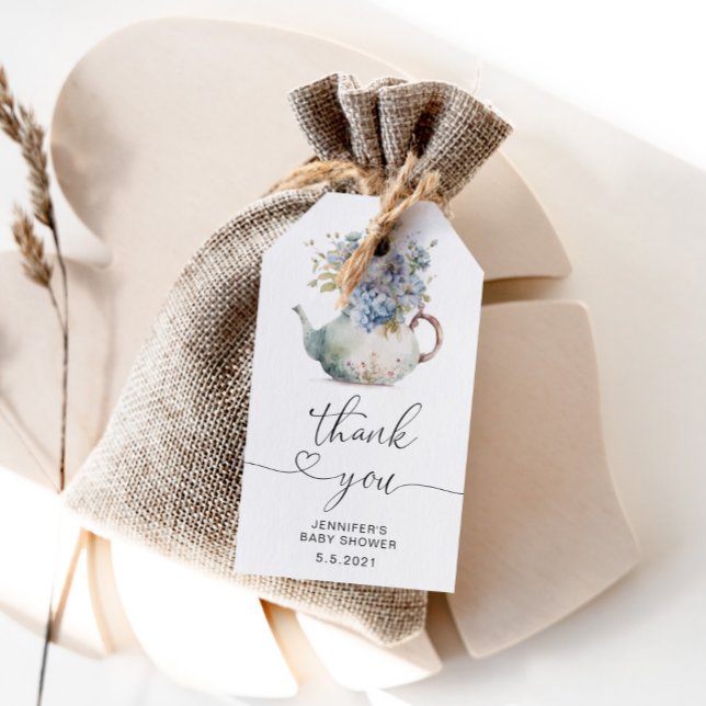 Étiquettes-cadeau Baby shower de théière Blue Hydrangeas merci (Créateur téléchargé)