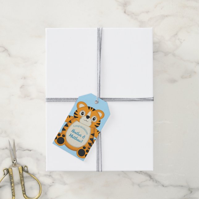 Étiquettes-cadeau Baby shower de tigre bleu (Avec de la ficelle)