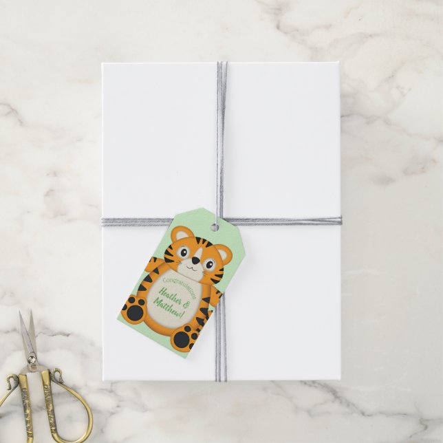 Étiquettes-cadeau Baby shower de tigre vert (Avec de la ficelle)