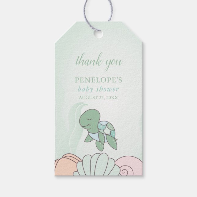 Étiquettes-cadeau Baby shower de tortue de mer douce (Devant)