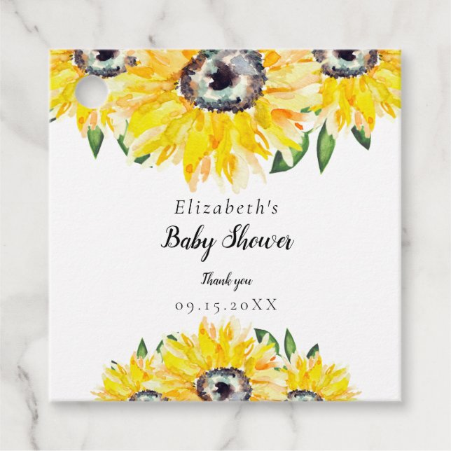 Étiquettes Cadeau Baby shower de tournesol Aquarelle Florale (Devant)