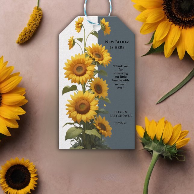 Étiquettes-cadeau Baby shower de tournesol bleu (Créateur téléchargé)