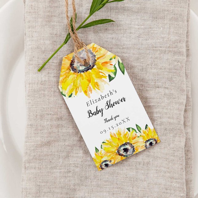 Étiquettes-cadeau Baby shower de tournesol Chic Aquarelle Florale (Créateur téléchargé)