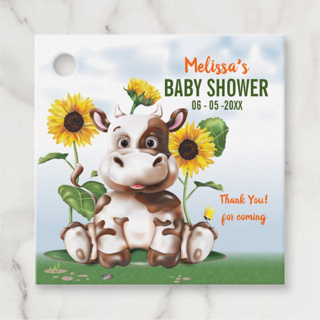 Étiquettes Cadeau Baby shower de tournesol de vache Brown Jersey (Devant)