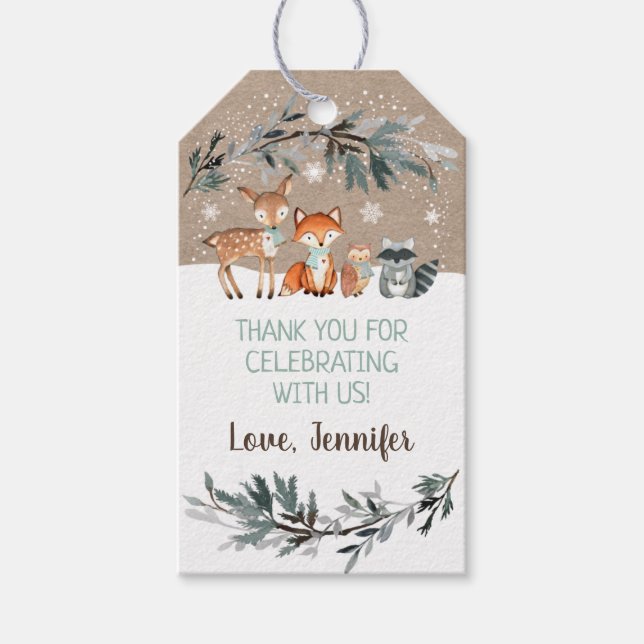 Étiquettes-cadeau Baby shower de verdure des bois d'hiver (Devant)