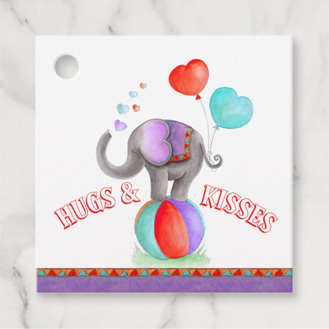 Étiquettes Cadeau Baby shower d'éléphant de cirque embrasser et embr (Devant)