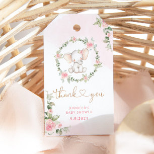 Étiquettes-cadeau Baby shower d'éléphant rose floral