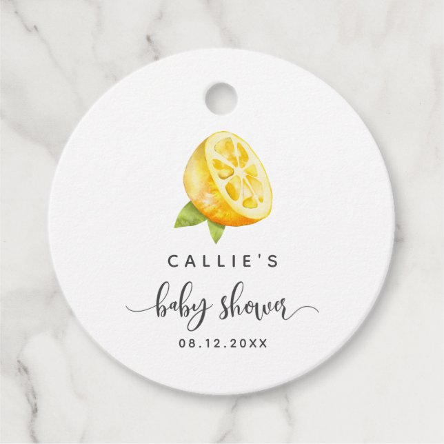 Étiquettes Cadeau Baby shower d'été au citron jaune (Devant)