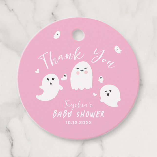 Étiquettes Cadeau Baby shower d'Halloween pour garçon mignon rose (Devant)