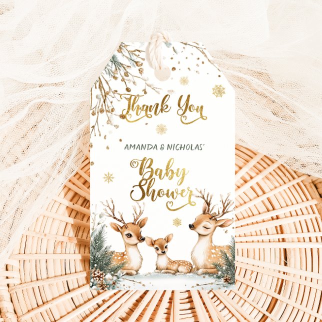 Étiquettes-cadeau Baby shower d'hiver de cerfs Merci (Créateur téléchargé)