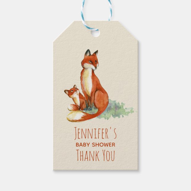 Étiquettes-cadeau Baby shower d'illustration d'aquarelle Fox et Baby (Devant)