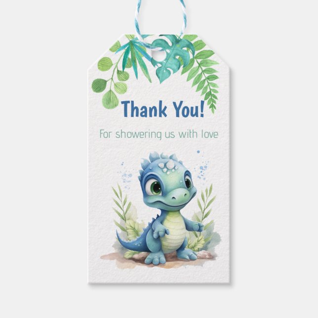 Étiquettes-cadeau Baby shower Dinosaur bébé Merci vert et bleu (Devant)