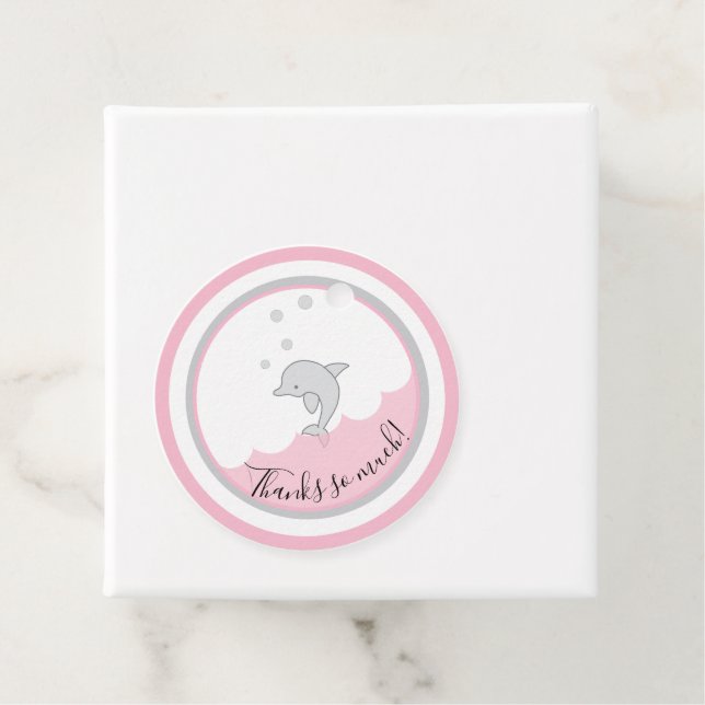 Étiquettes Cadeau Baby shower Dophin gris rose (En situation)