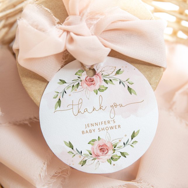 Étiquettes Cadeau Baby shower d'or floral rose vif merci (Créateur téléchargé)