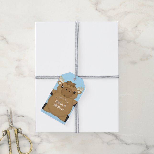 Étiquettes-cadeau Baby shower d'orignal Garçon bleu (Avec de la ficelle)