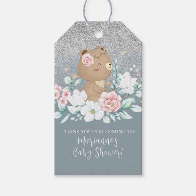Étiquettes-cadeau Baby shower d'ours Parties scintillant florale ble (Devant)