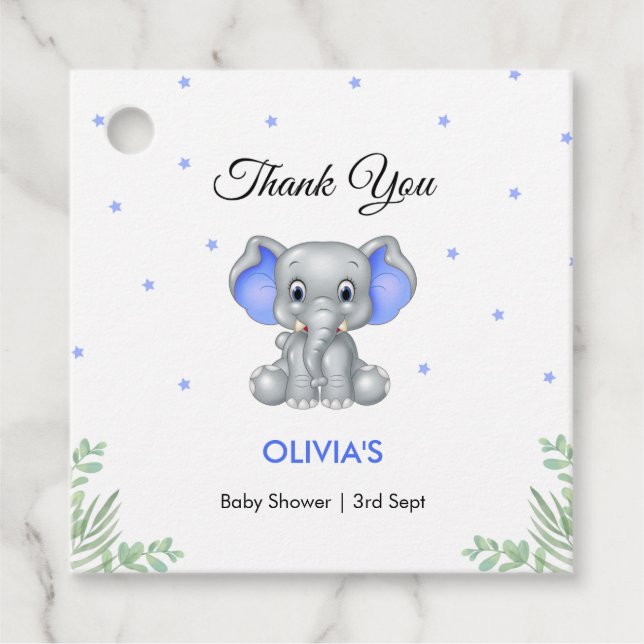 Étiquettes Cadeau Baby shower éléphant bleu garçon Merci (Devant)