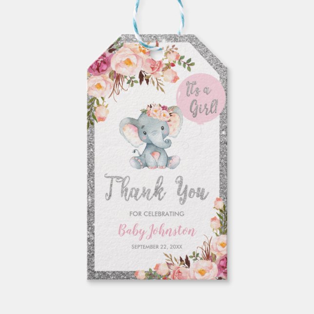 Étiquettes-cadeau Baby shower éléphant Merci argent Favoriser (Devant)