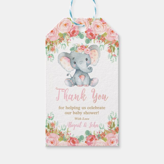 Étiquettes-cadeau Baby shower éléphant Merci Favoriser bébé fille (Devant)