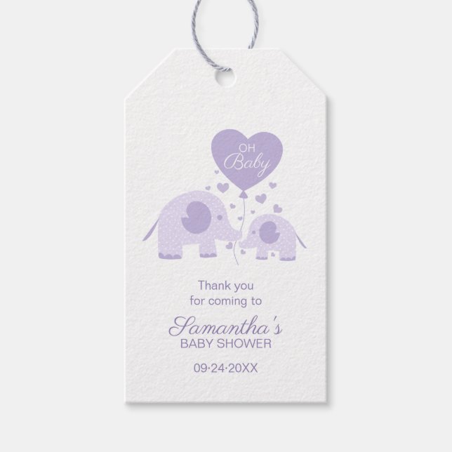 Étiquettes-cadeau Baby shower Eléphant mignon violet Favoriser Merci (Devant)