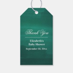 Étiquettes-cadeau Baby shower émeraude. Vert neutre merci