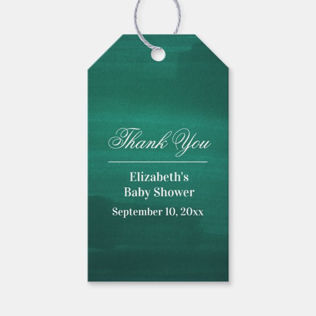 Étiquettes-cadeau Baby shower émeraude. Vert neutre merci (Devant)