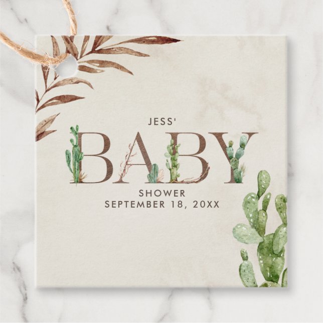 Étiquettes Cadeau Baby shower en cuir Cactus (Devant)