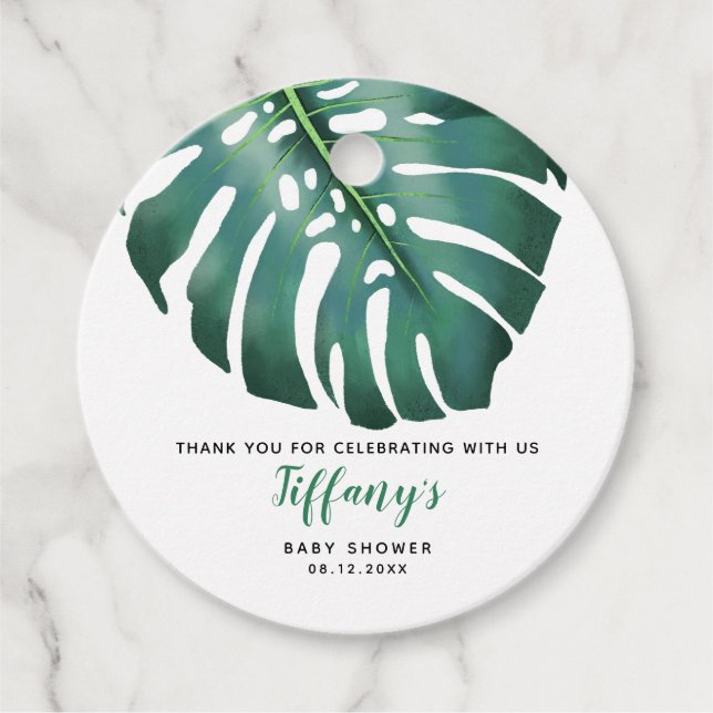 Étiquettes Cadeau Baby shower en feuille de Monstera verdoyante (Devant)