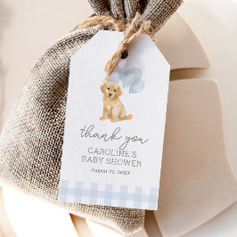 Étiquettes-cadeau Baby shower En vichy bleu Golden Retriever