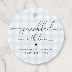 Étiquettes Cadeau Baby shower En vichy Bleu Parsemé D'Amour