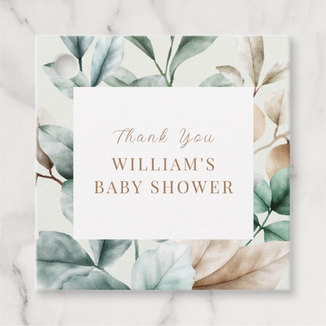 Étiquettes Cadeau Baby shower Feuille Boho vert moderne (Devant)