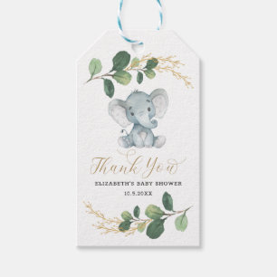 Étiquettes-cadeau Baby shower Feuille d'or moderne Elephant Greenery