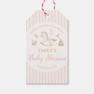 Étiquettes-cadeau Baby Shower Fille Cheval à Bascule Rayure Rose