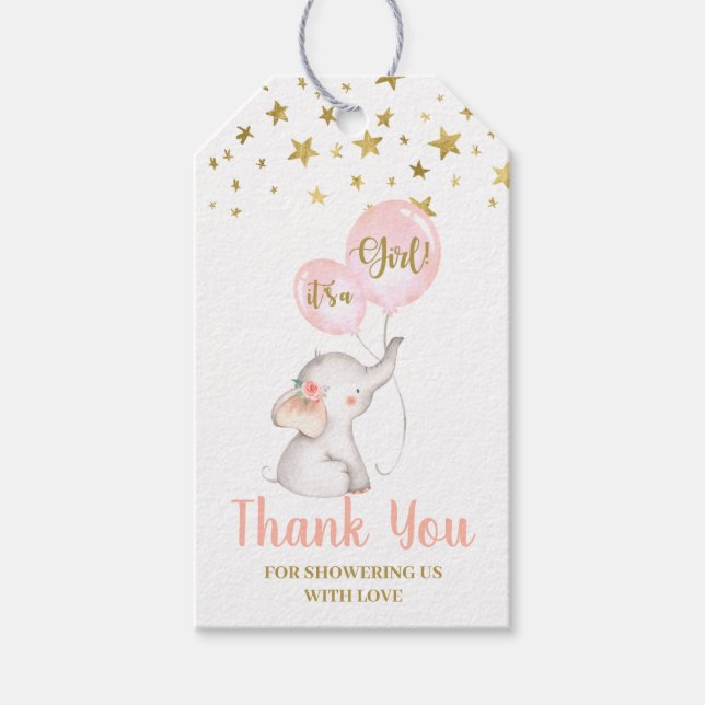Étiquettes-cadeau Baby shower fille Eléphant rose (Devant)