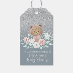 Étiquettes-cadeau Baby Shower Fleur Glitter Bleu Bohème Ours