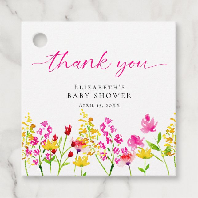Étiquettes Cadeau Baby shower fleur sauvage Aquarelle Merci rose (Devant)