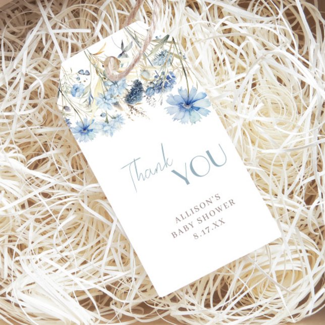 Étiquettes-cadeau Baby shower Fleur sauvage bleu DUSTY Merci (Créateur téléchargé)