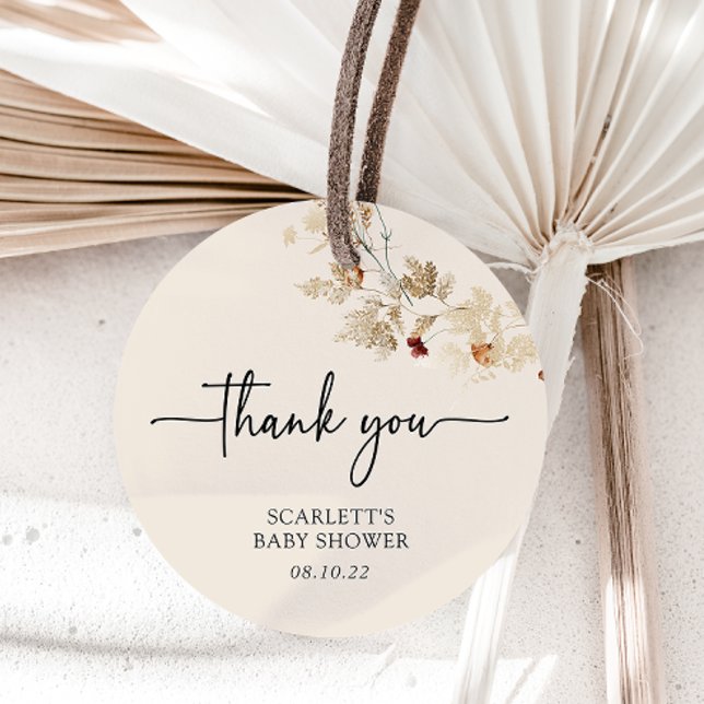 Étiquettes Cadeau Baby shower Fleur sauvage Boho (Thank You Boho Wildflower Baby Shower Favor Tags
)