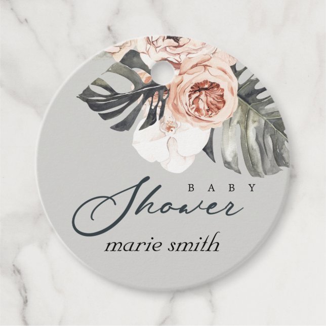 ÉTIQUETTES CADEAU BABY SHOWER FLEURI DE MONSTERA BLANC GRISÉ (Devant)