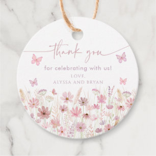 Étiquettes Cadeau Baby Shower Fleurs Sauvages Papillon Rose