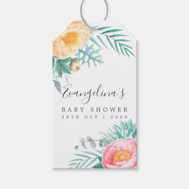 Étiquettes-cadeau Baby shower floral de la Monnaie tropicale (Devant)