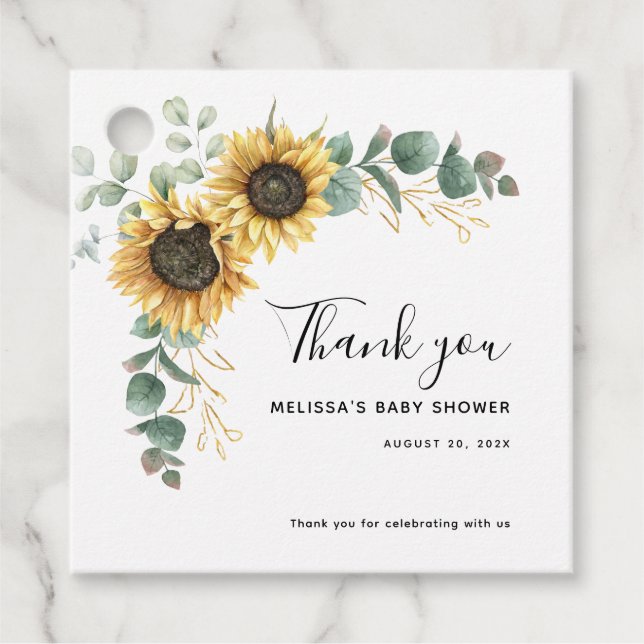 Étiquettes Cadeau Baby shower floral d'Eucalyptus de tournesol (Devant)