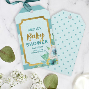 Étiquettes-cadeau Baby shower floral Faux Gold et Mint