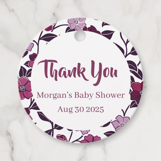Étiquettes Cadeau Baby shower Floral pourpre (Devant)