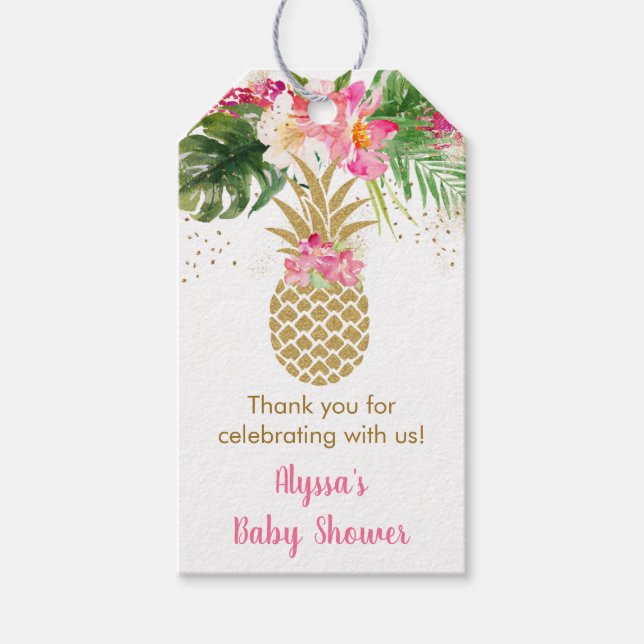 Étiquettes-cadeau Baby shower floral tropical à ananas (Devant)