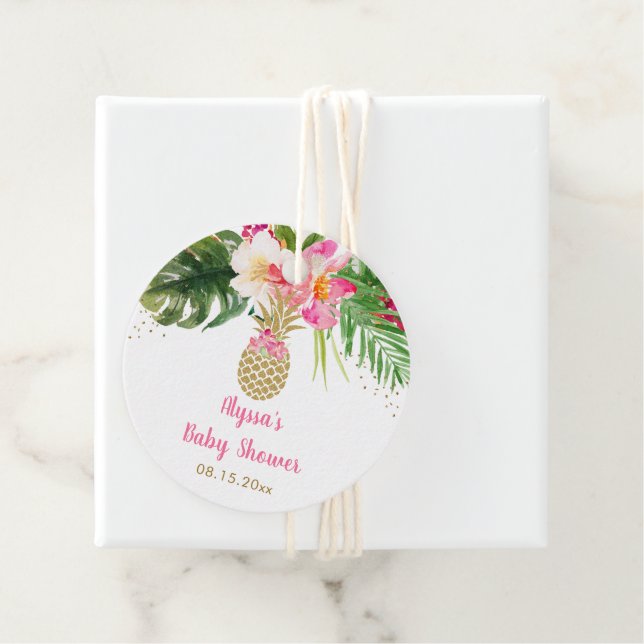 Étiquettes Cadeau Baby shower floral tropical à ananas (En situation)