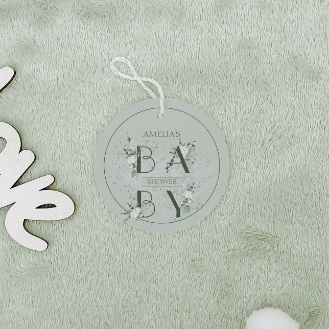 Étiquettes Cadeau Baby shower Floral Vert Sage (Créateur téléchargé)