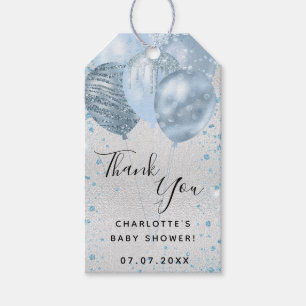 Étiquettes-cadeau Baby shower garçon argent bleu ballons merci
