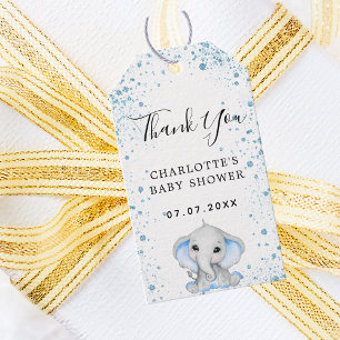 Étiquettes-cadeau Baby shower garçon bleu blanc éléphant merci