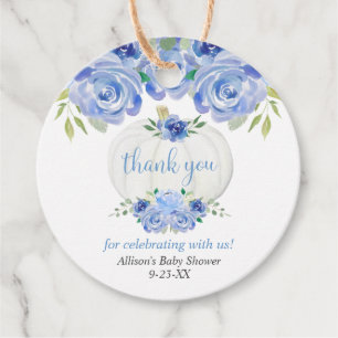 Étiquettes Cadeau Baby shower garçon citrouille à fleurs bleu blanc